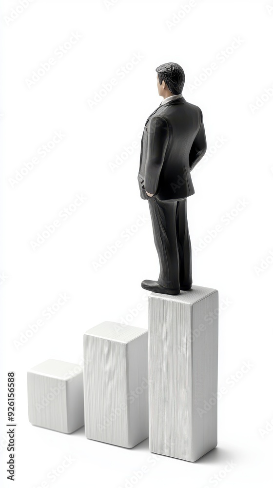 A miniature businessman stands on top of a growing bar graph, symbolizing success and achievement. A miniature businessman stands on top of a growing bar graph, symbolizing success and achievement.
