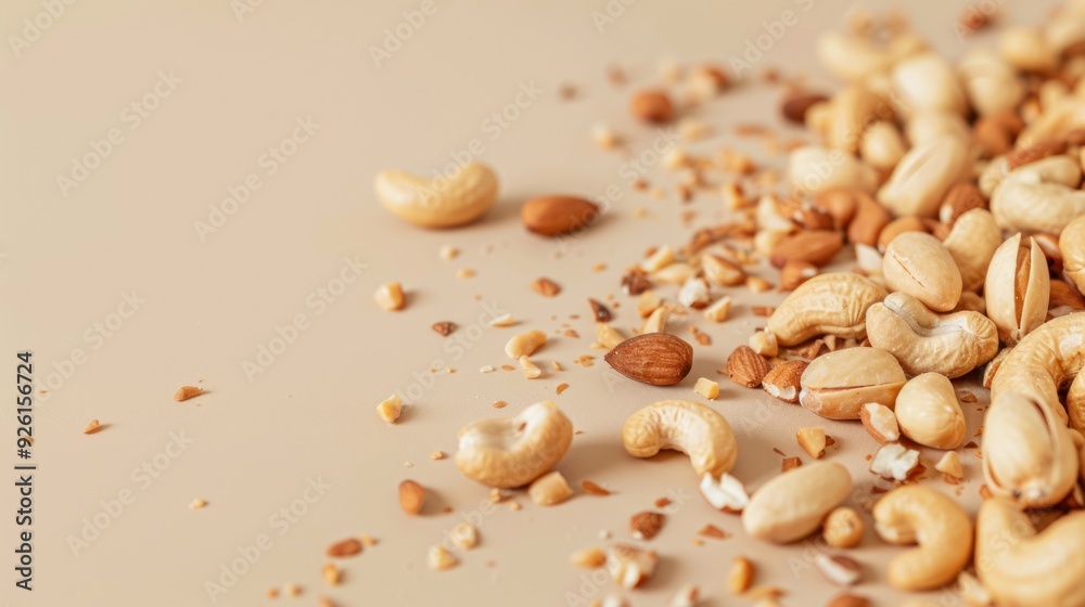 Cashews, almonds, and pistachios on a beige background Cashews, almonds, and pistachios on a beige background
