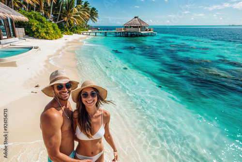 Fototapeta Naklejka Na Ścianę i Meble -  Happy couple enjoying romantic vacation on tropical island beach