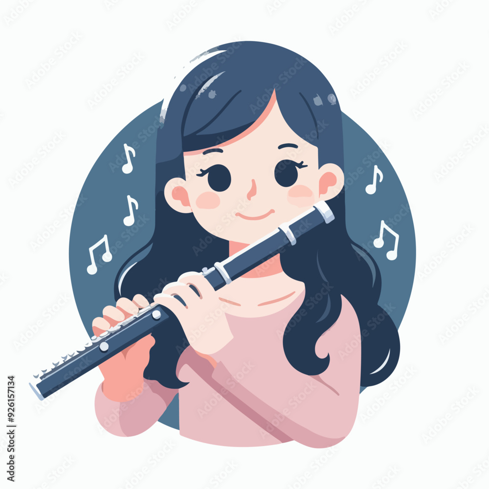 A girl is playing a flute with a smile on her face