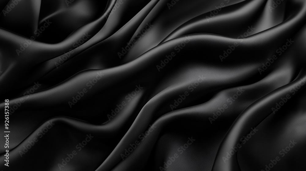 Fototapeta premium Elegant black fabric drapes gracefully under soft lighting, showcasing smooth textures and flowing contours