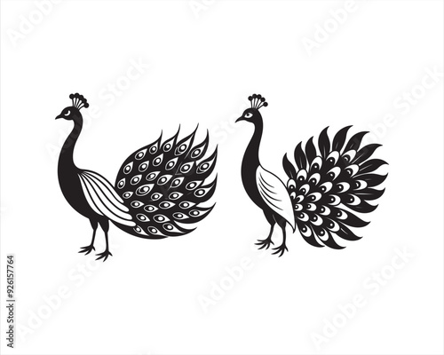 design a full view white Peacock in black and white, on white background