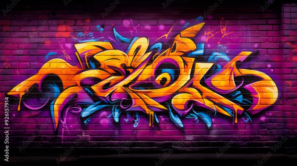Naklejka premium Street art abstract graffiti piece on purple brick wall. Neural network ai generated art