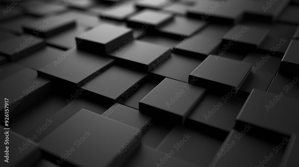 Black abstract geometric pattern with 3D cubes in a layered arrangement on a surface Black abstract geometric pattern with 3D cubes in a layered arrangement on a surface