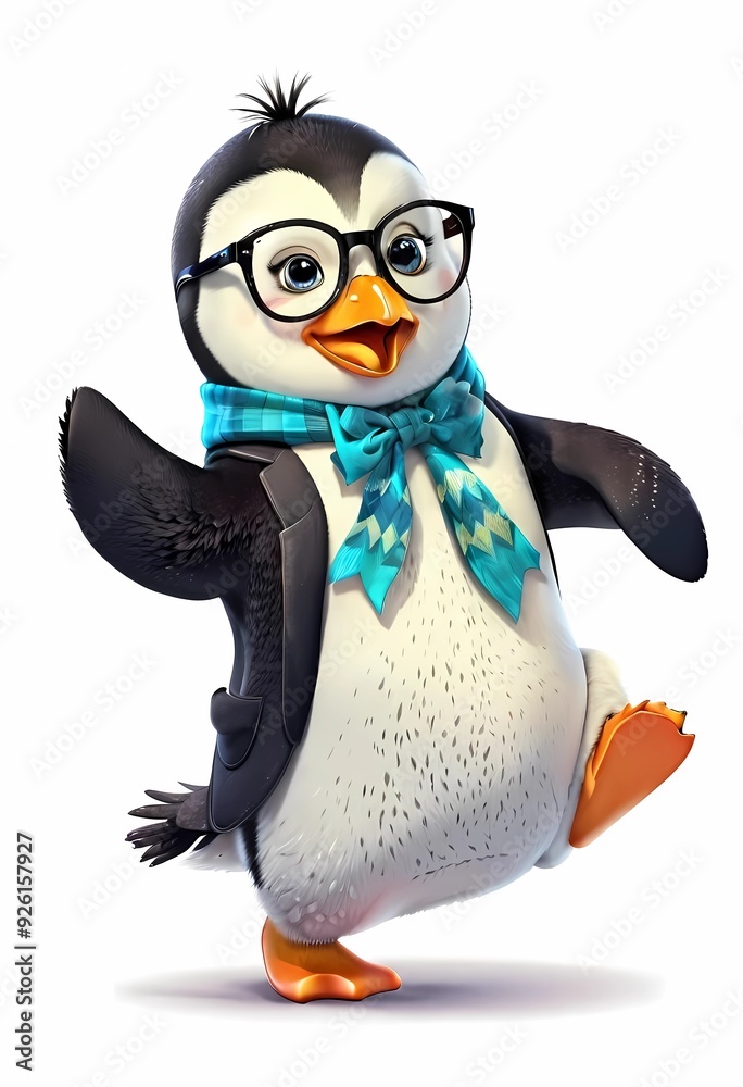 Obraz premium Illustration of a penguin wearing glasses and dancing isolated on a white background. Generate AI