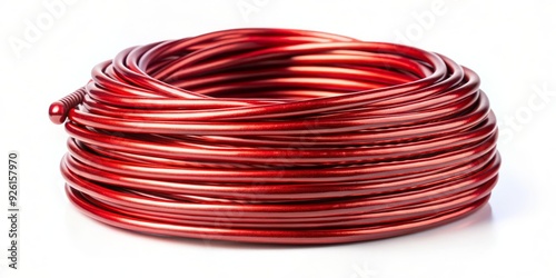 Coiled red aluminum electric cable on a white background, showcasing the metallic texture and vibrant color of the electrical wire in high contrast. photo