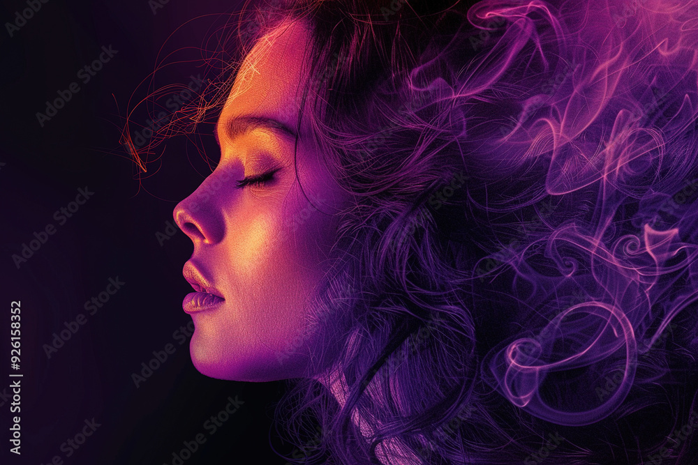Beautiful woman with eyes closed and purple smoke background illustration
