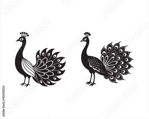 design a full view white Peacock in black and white, on white background