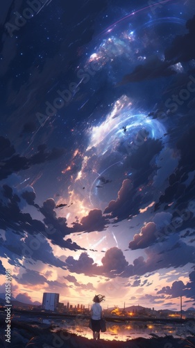 Enchanting Anime-Style Aeons Before the Storm: An Alien Planet's Vista on the Verge of a Cosmic Tempest, Realistic Sci-Fi Theme for Space Enthusiasts,Perfect for Gaming Art and Storybook Illustrations photo