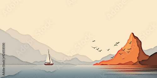 Minimalistic seascape, sea sunset, yacht and rocky island, vector illustration	