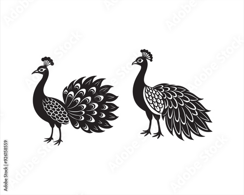 design a full view white Peacock in black and white, on white background