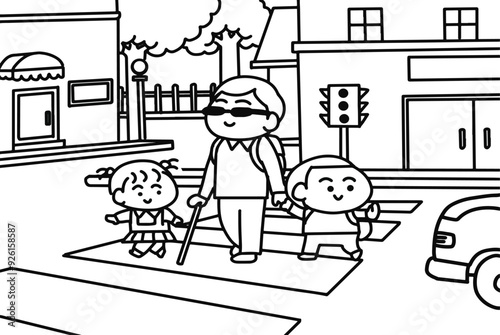 children helping a blind man.