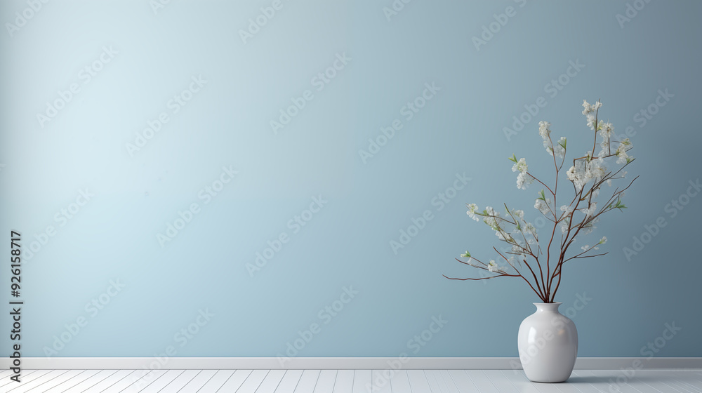 A minimalist interior scene featuring a white vase with branches and flowers against a light blue wall. The floor is white, enhancing the serene atmosphere.