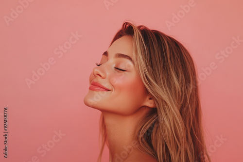 A close up of a woman's face with her eyes closed and long blond hair