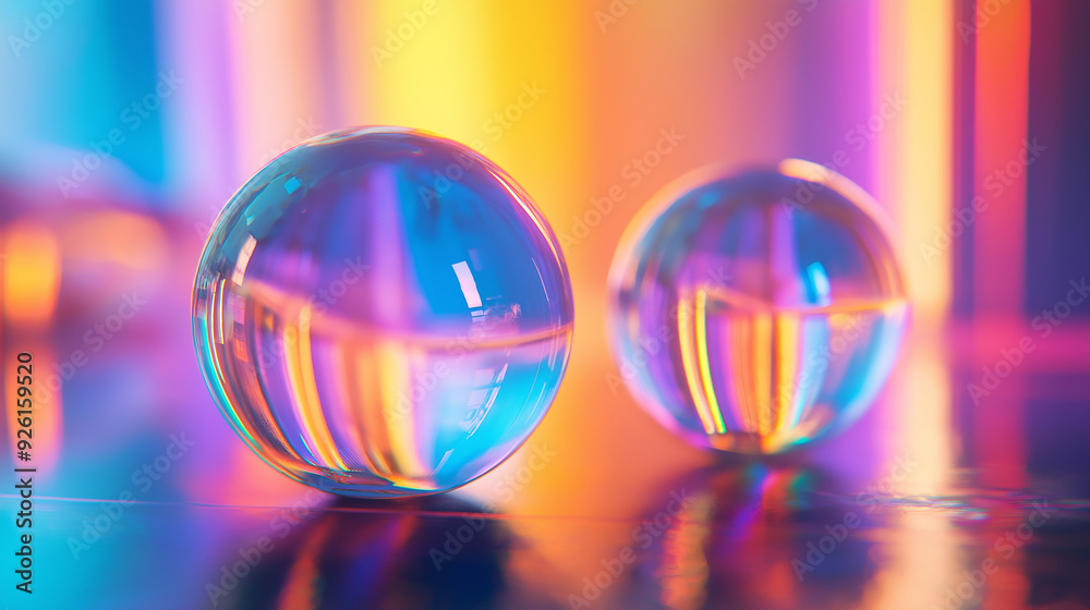 Colorful glass spheres reflecting vibrant light patterns on a surface Colorful glass spheres reflecting vibrant light patterns on a surface
