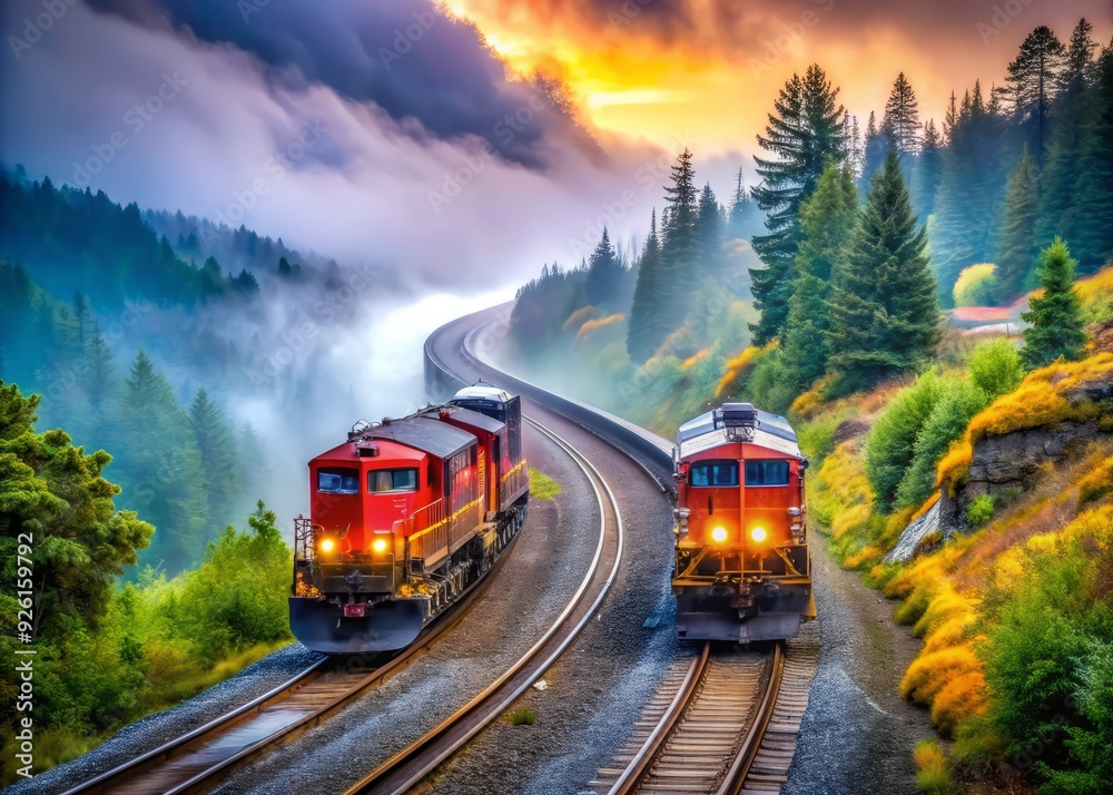 Obraz premium Two powerful freight locomotives sit idle on a curved section of track, their vibrant colors and sleek designs stark against the misty Pacific Northwest landscape.