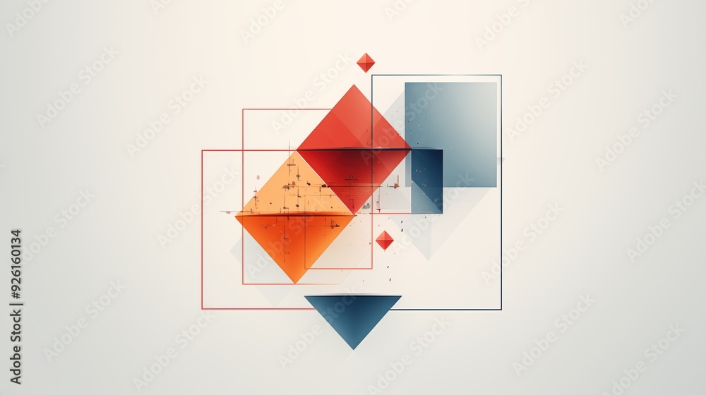 An abstract composition featuring geometric shapes in various colors, including red, orange, blue, and transparent elements. The design includes squares, diamonds. An abstract composition featuring geometric shapes in various colors, including red, orange, blue, and transparent elements. The design includes squares, diamonds.