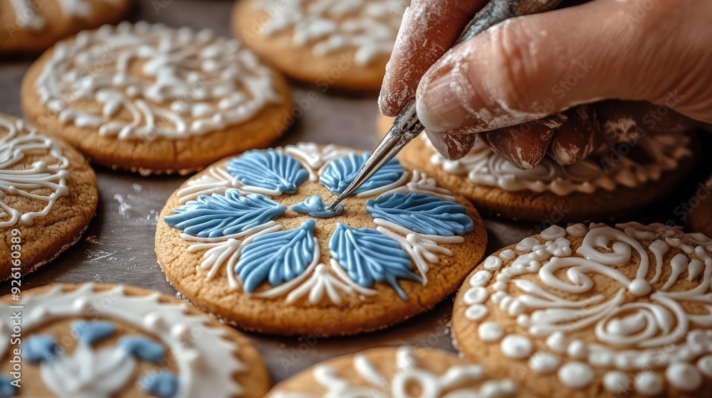 Person decorating a set of cookies with intricate icing designs, illustrating the blend of baking and art in this edible hobby Person decorating a set of cookies with intricate icing designs, illustrating the blend of baking and art in this edible hobby