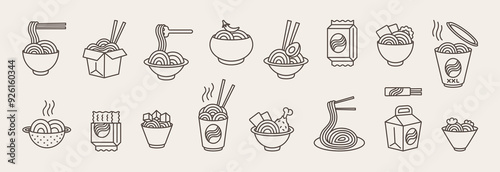 Ramen icon. Noodle cooking pictogram. Asian pasta and soup with instant spaghetti. Japanese meal symbol. Wok box. Food bowl eat. Udon preparing. Chinese chopsticks. Vector Japan dinner line logo set