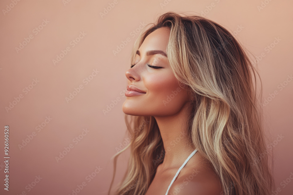 A close up of a woman's face with her eyes closed and long blond hair A close up of a woman's face with her eyes closed and long blond hair
