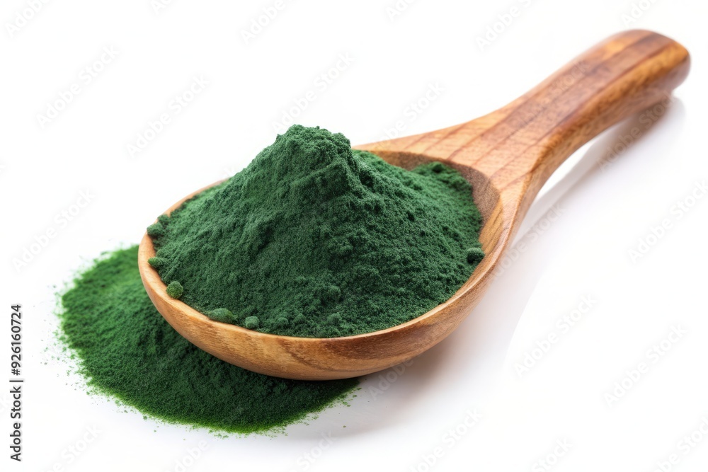 Naturally vibrant green organic spirulina powder fills a rustic wooden spoon, isolated on a clean white background, showcasing its nutritional benefits and earthy charm. Naturally vibrant green organic spirulina powder fills a rustic wooden spoon, isolated on a clean white background, showcasing its nutritional benefits and earthy charm.