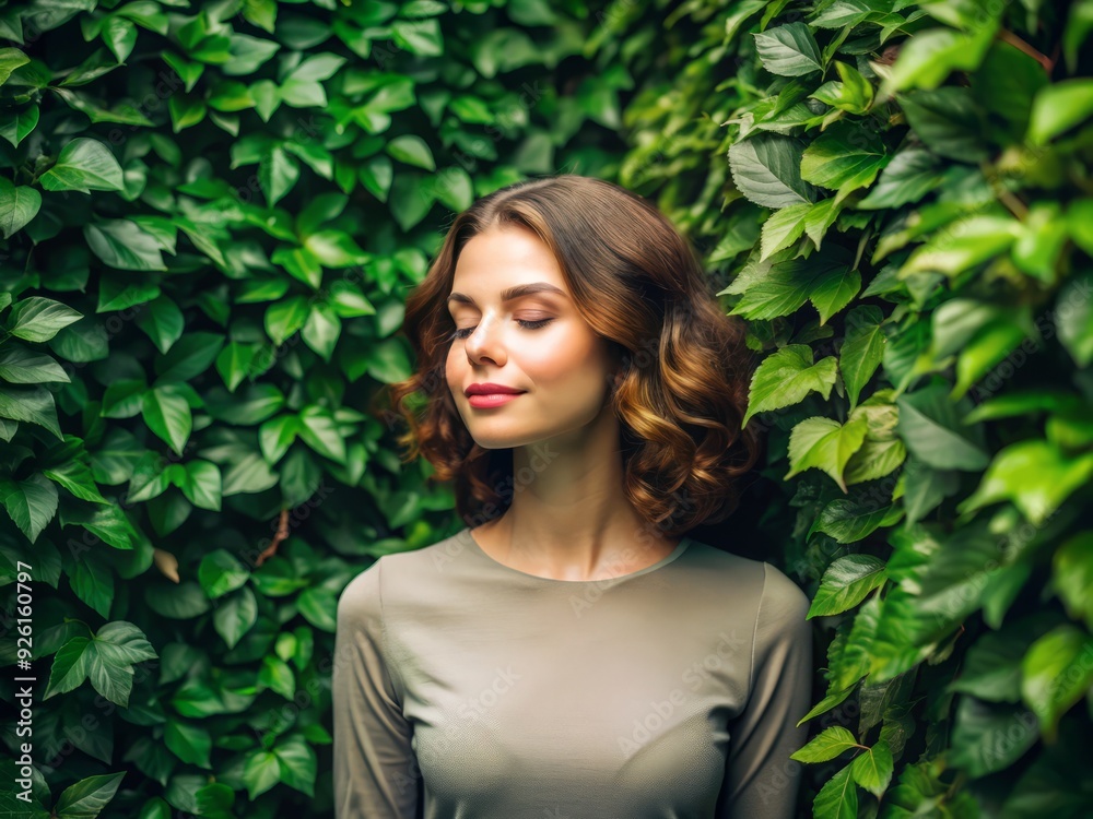 A serene woman with closed eyes stands against a lush green leaf wall, embodying work-life balance, relaxation, and mental wellness in a natural setting. A serene woman with closed eyes stands against a lush green leaf wall, embodying work-life balance, relaxation, and mental wellness in a natural setting.