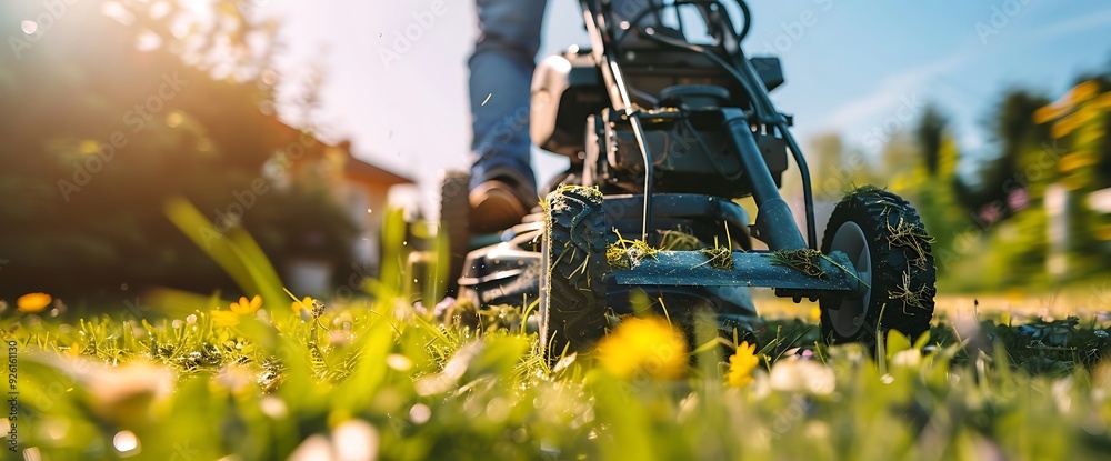 Close-up of a lawnmower cutting grass in the garden on a sunny day. Close-up of a lawnmower cutting grass in the garden on a sunny day.