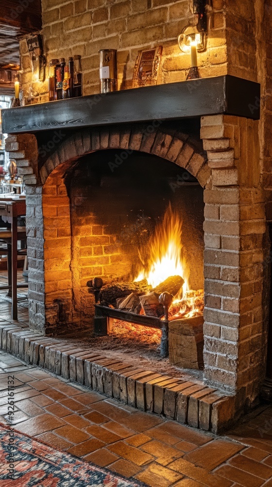 A fireplace with a brick hearth and some candles in it, AI A fireplace with a brick hearth and some candles in it, AI