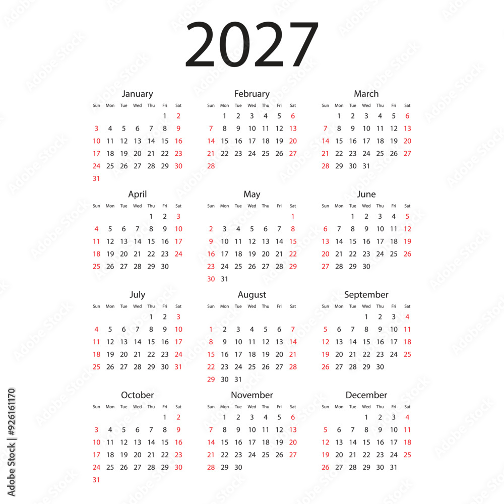 Calendar 2027 year icon in flat style. Planner vector illustration on isolated background. Calender sign business concept. Calendar 2027 year icon in flat style. Planner vector illustration on isolated background. Calender sign business concept.