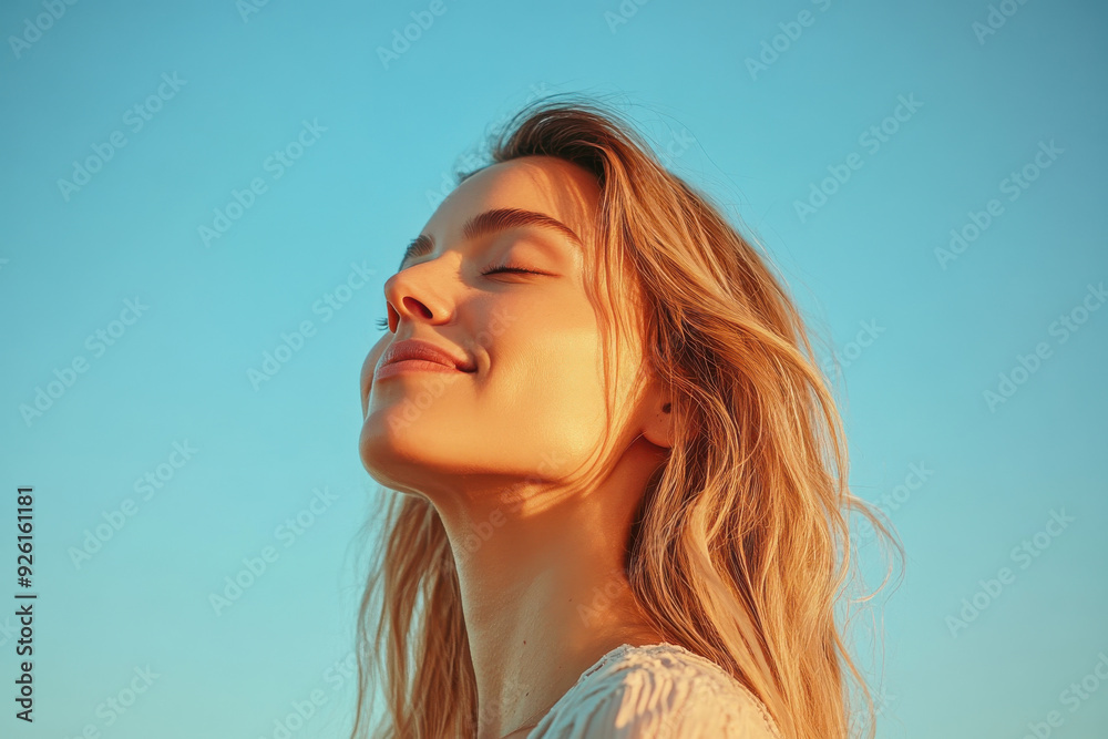 A close up of a woman's face with her eyes closed and long blond hair A close up of a woman's face with her eyes closed and long blond hair