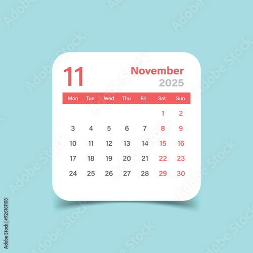 Calendar november 2025 icon in flat style. Planner vector illustration on isolated background. Calender sign business concept.