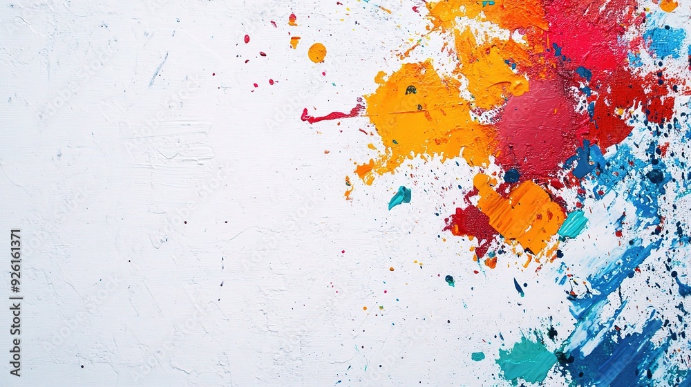 Abstract Splashes of Color: Vibrant, bold, and expressive paint splatters in red, orange, yellow, blue, and green. A dynamic composition with a minimalist white background. Abstract Splashes of Color: Vibrant, bold, and expressive paint splatters in red, orange, yellow, blue, and green. A dynamic composition with a minimalist white background.