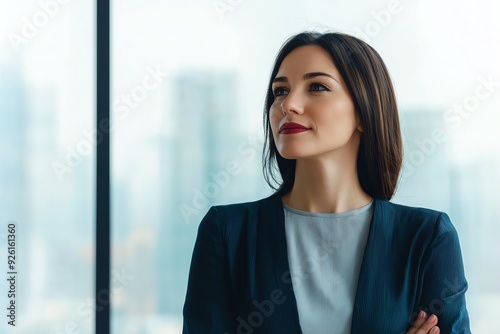 Businesswoman in a skyscraper office, overlooking a city, standing tall with a trophy, symbolizing corporate victory and power