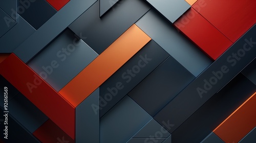 A close-up of an abstract geometric pattern featuring interlocking shapes in shades of red, orange, and dark gray. The design creates a modern and dynamic visual effect.