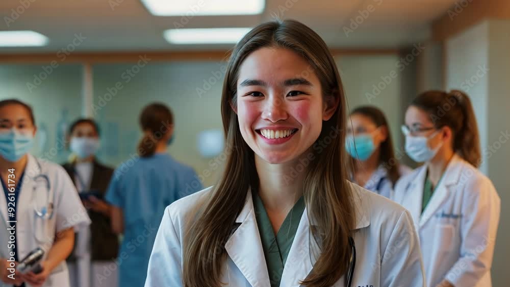 Smiling Young Female Doctor with Medical Team in Background Smiling Young Female Doctor with Medical Team in Background