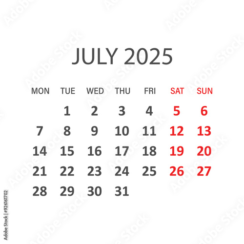 Calendar july 2025 icon in flat style. Planner vector illustration on isolated background. Calender sign business concept.