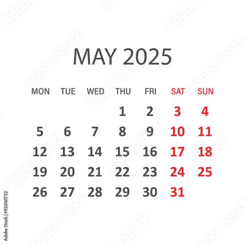 Calendar may 2025 icon in flat style. Planner vector illustration on isolated background. Calender sign business concept.