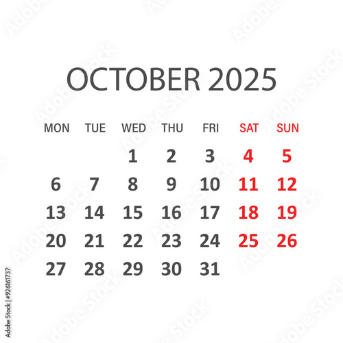 Calendar october 2025 icon in flat style. Planner vector illustration on isolated background. Calender sign business concept.