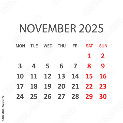Calendar november 2025 icon in flat style. Planner vector illustration on isolated background. Calender sign business concept.