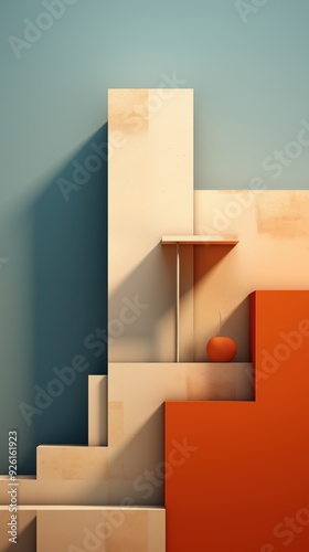 Wallpaper Mural A minimalist abstract composition featuring geometric shapes in soft colors. The scene includes a white structure with shadows, an orange block, and a small orange sphere. Torontodigital.ca