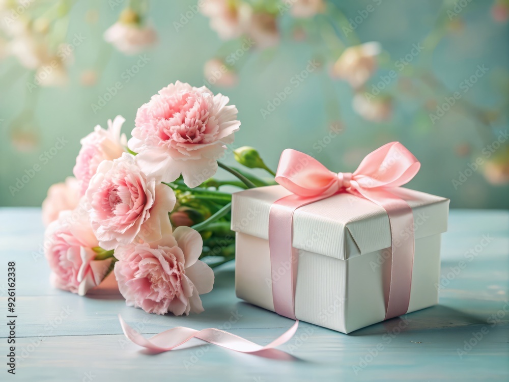 Delicate white gift box adorned with a soft pink ribbon rests amidst a bouquet of fresh carnations on a serene pastel-hued background.