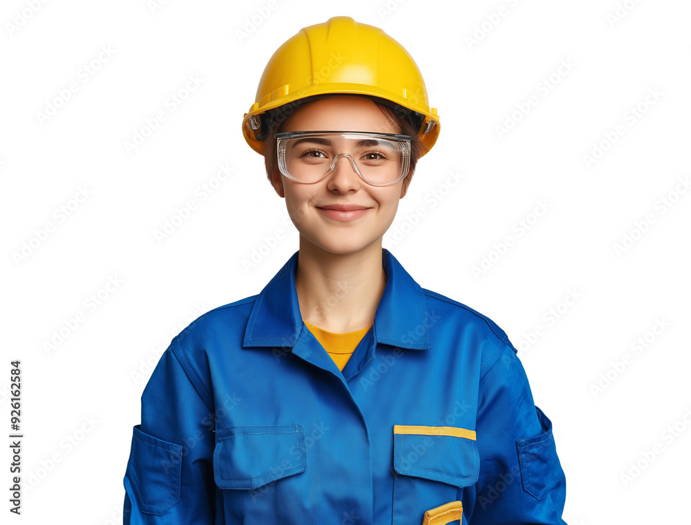 smiling female worker in safety helmet and glasses, isolated and happy smiling female worker in safety helmet and glasses, isolated and happy