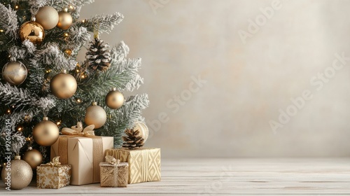 A christmas tree with presents and ornaments on a wooden floor, AI