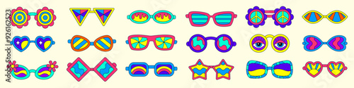 Groovy sunglasses. Abstract flower, star and heart forms. Glass design summer accessory. Fashion vintage, love, cartoon flat drawing, fire and sun on lens. Sticker retro circle. Vector tidy graphic