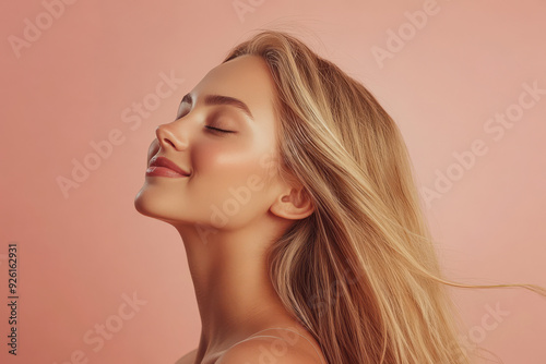 A close up of a woman's face with her eyes closed and long blond hair