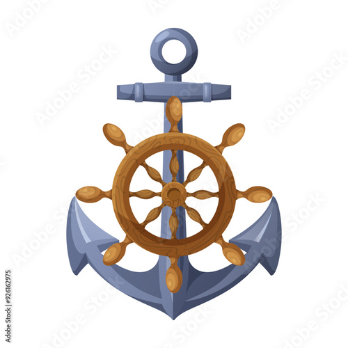 Anchor and wooden ship wheel depicted in a colorful, cartoonish style on a white background. Concept of maritime, nautical navigation, and sailing. Vector illustration