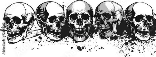 Bold black silhouette vector of skull and crossbones featuring detailed human skulls and bones with a shallow depth of field