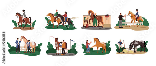 Horse equestrian. Jockeys on horseback. Equine sport. Horseman riding. Rider farm horseback. Girl training pony. Care pet. Domestic animal. Village livestock. Vector tidy equestrianism concept set