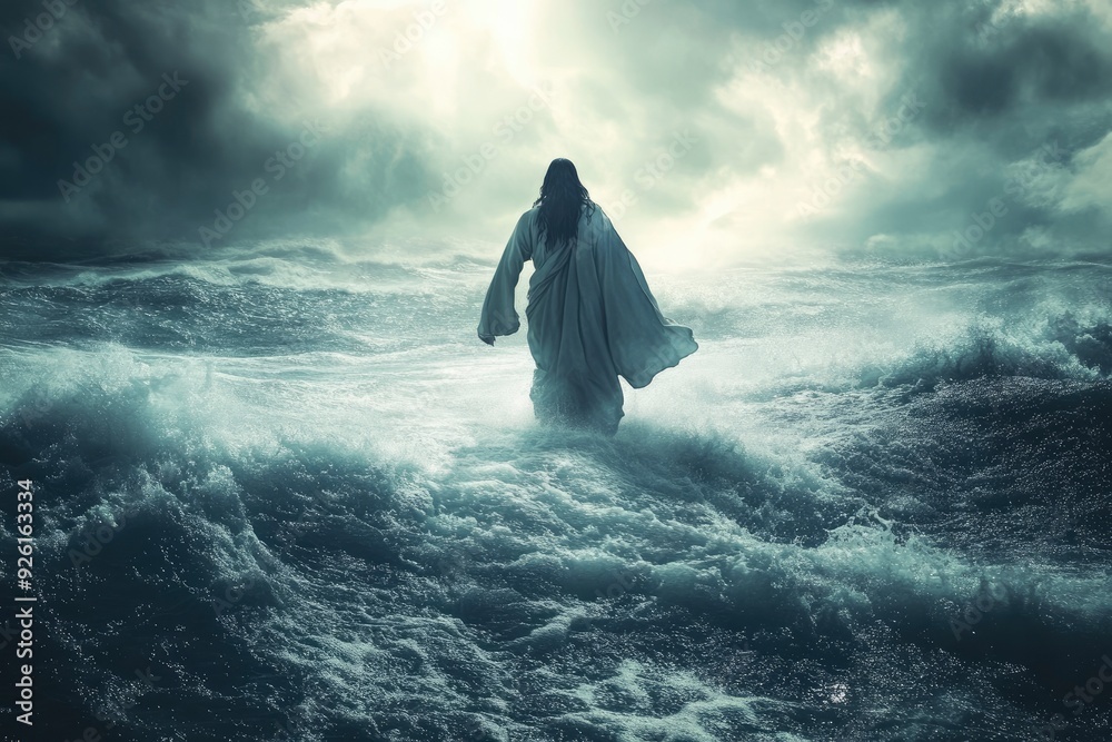 Fototapeta premium Jesus walks on water across the sea during a storm. Biblical theme concept , ai