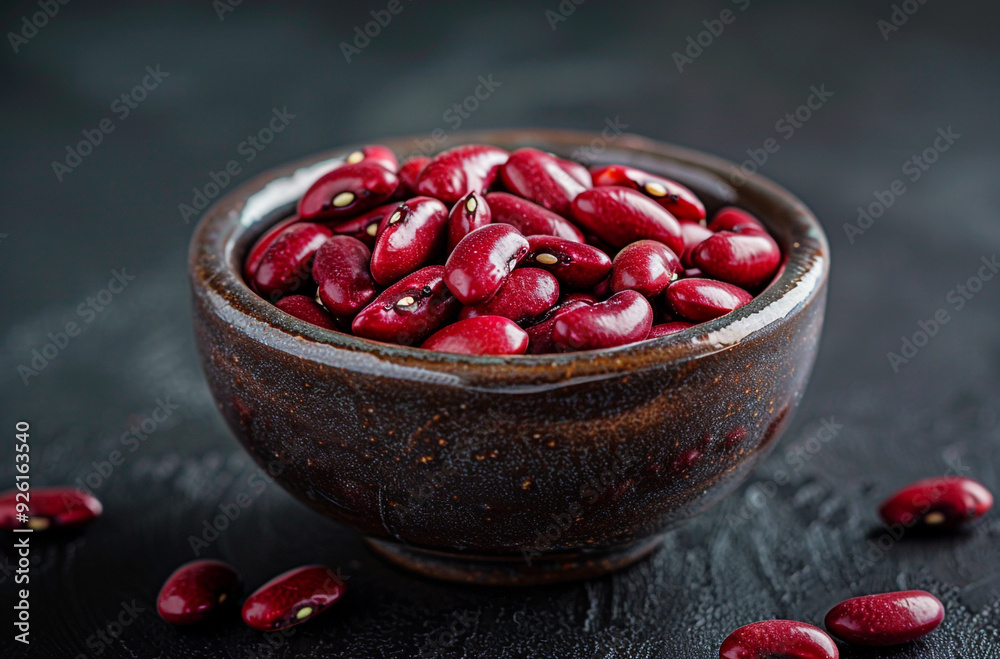 Red beans placed in a dark brown ceramic bowl on a black background Red beans placed in a dark brown ceramic bowl on a black background